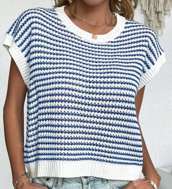 SheIn Knit Mix Striped Round Neck Loose Knit Top - Image 2