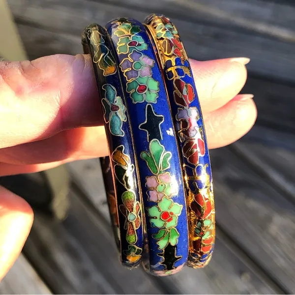 Vintage cloisonné blue hinged bangle bracelet - Image 13