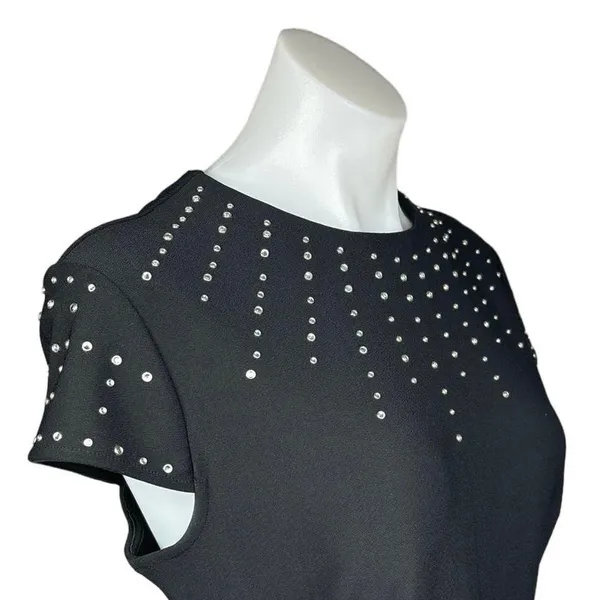 H&M Black Cap Sleeve Crew Studded Rhinestone A Line Fit & Flare Mini Dress Sz M - Image 5
