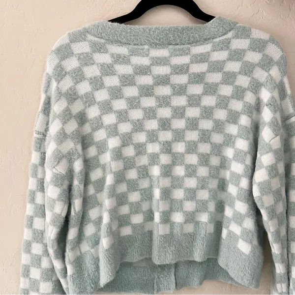 Aster Checkered Knit Cropped Cardigan Sweater Blue Size L - Image 4