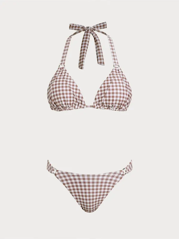 Rihoas Coffee Plaid Halter Bikini Sets Brown - Image 4