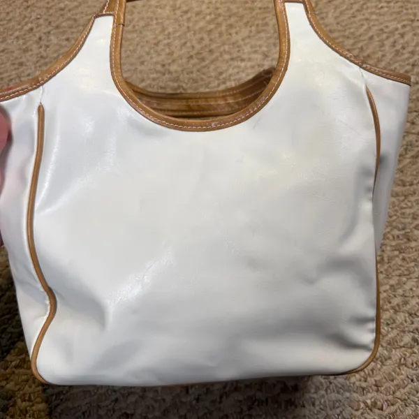 VTG Nine West Patchwork Hobo Shoulder Bag Tan Cream White Faux Leather Neutral - Image 2