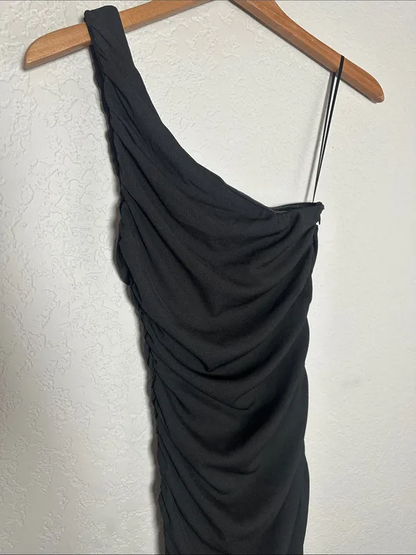 Hello Molly Black One Shoulder Mini Dress Ruched Date Night Sexy Viral Vlogger - Image 3