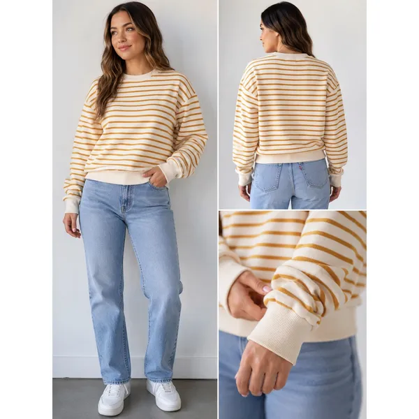 Mile(s) by Madewell Sweatshirt Womens Medium Yellow Ivory Striped Raglan Sleeve - Image 2