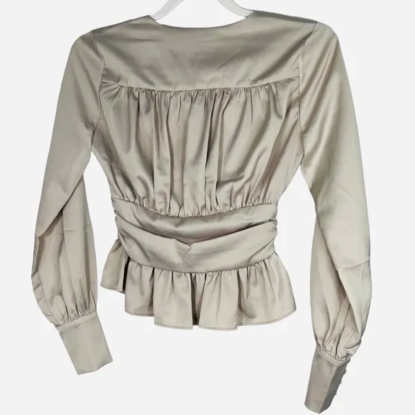 Jason Wu Satin Front Button Ruffle Peplum Hem Baby doll Blouse Top Cream XS - Image 2