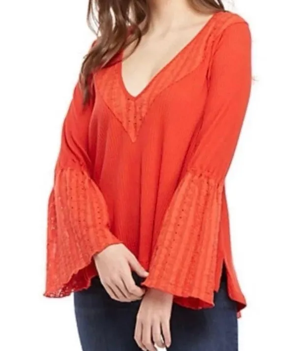 Free People NWT Boho Bell Sleeve Waffle Textured Blouse Orange Parisian Size XS - Image 8
