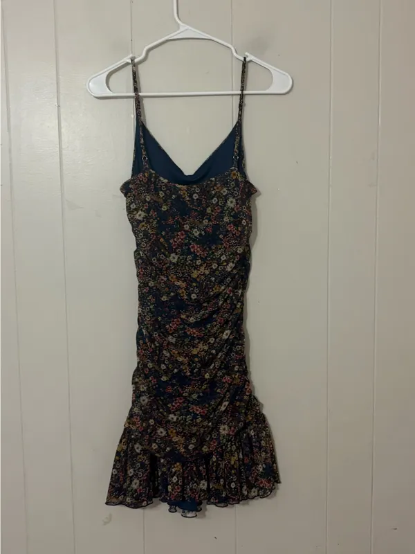 Dress Forum Los Angeles Ruched Floral Mesh Ruffle Mini Dress Size S - Image 4