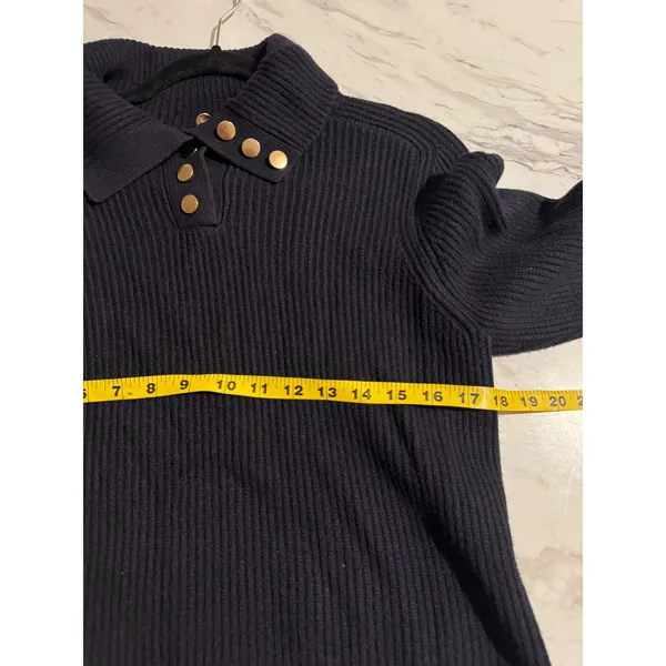Mango MNG Navy Blue Ribbed Knit Polo Sweater Gold Buttons Size S Coastal Preppy - Image 2