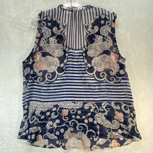 Cabi Paisley Blouse Sleeveless Ruffle Trim Sheer Top Blue Orange Size‎ M - Image 9
