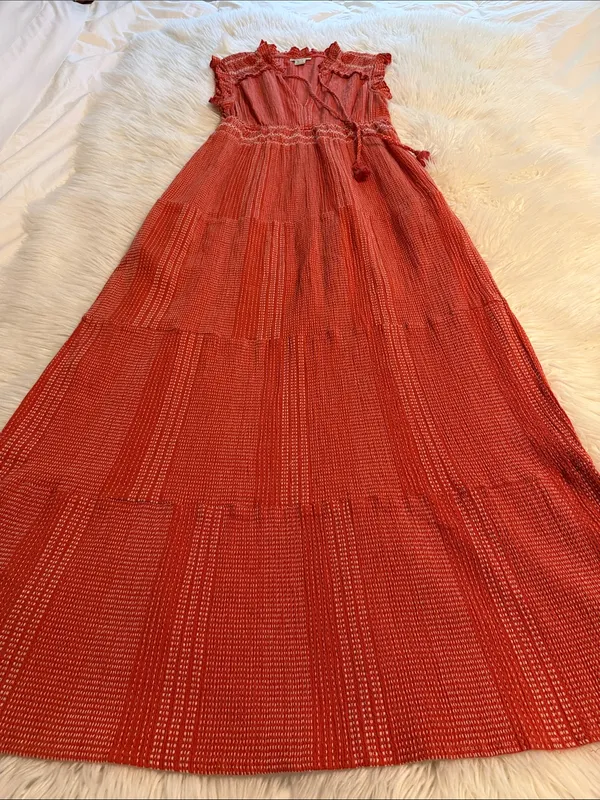 Ariat Coral-Red Tiered Maxi Dress with Tassel Tie size S excellent condition - Image 8