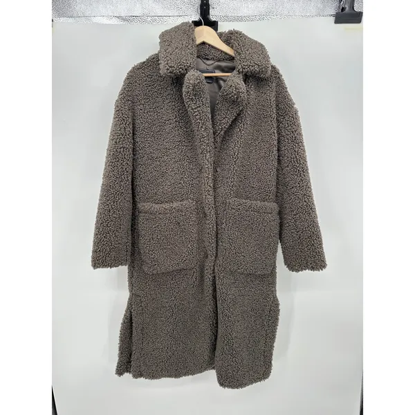 BCBG MaxAzria‎ Faux Fur Shearling Teddy Long Coat Sz XXS Heavy Winter Brown Gray - Image 2