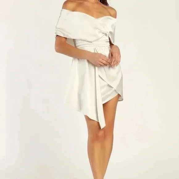 Lulus Always Celebrating Ivory Satin Off-The-Shoulder Mini Dress Size‎ M - Image 6
