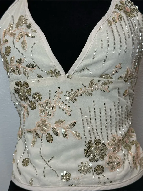 Y2k Sequin Beaded Halter Top Ivory Fairycore Coquette Party Going Out Corset - Image 3