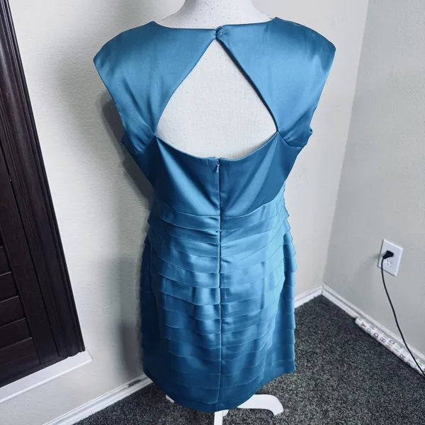 Rena Rowan Teal Green Satin Cocktail Dress 12 wedding knee length cut out back - Image 5