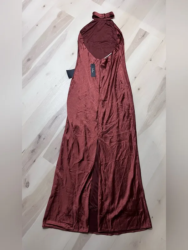 Lulus NWT Women Large Rusty Brown Halter Satin Maxi Dress - Image 6