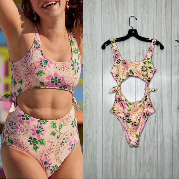 NWT Aerie Tie Cut Out One Piece Cheeky Swimsuit Lip Gloss Boho size S Small - Image 2