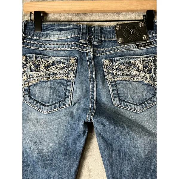 Miss Me Jeans Skinny Embellished Distressed Medium Wash Denim Buckle Y2K Size 27 - Image 3