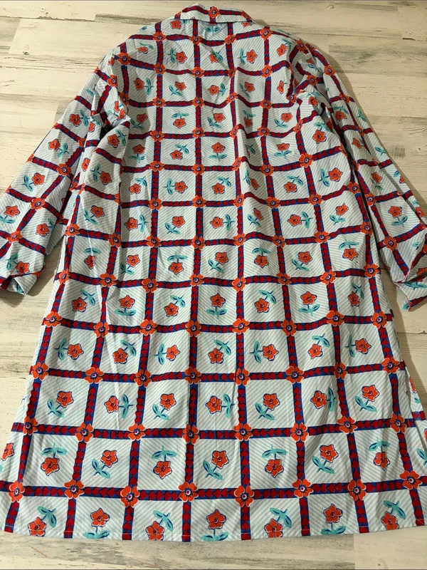 Livro Floral Grid Cotton Tunic Dress in Blue and Orange and Red - Image 5