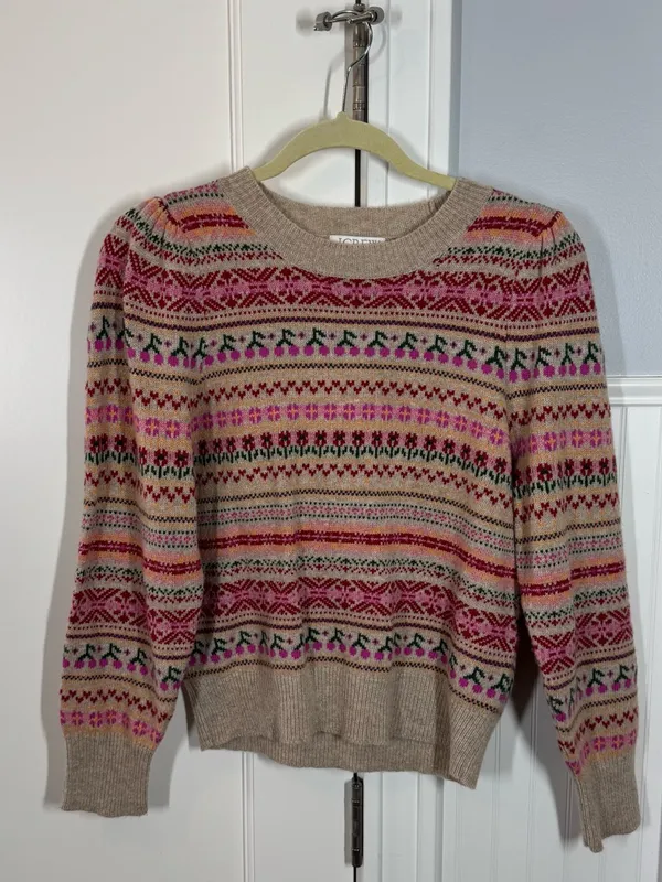 J. Crew Puff-sleeve Cherry Fair Isle Crewneck‎ Sweater Size Small girly dainty - Image 2