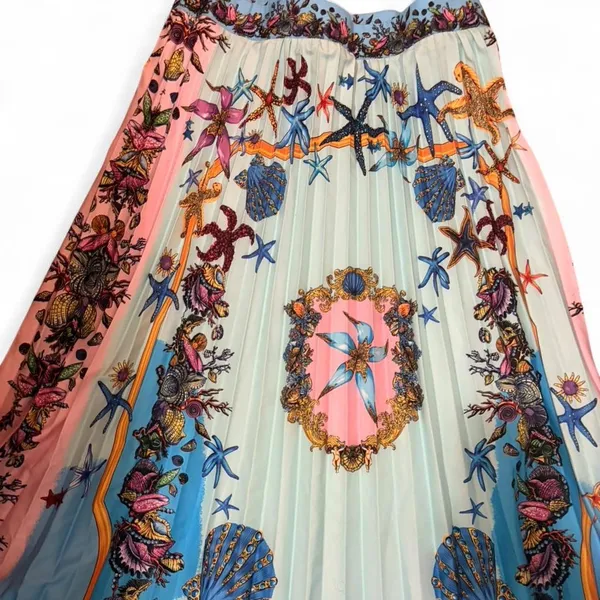 Womens Printed Pleated two piece ocean themed outfit- Blue & Pink - Image 4