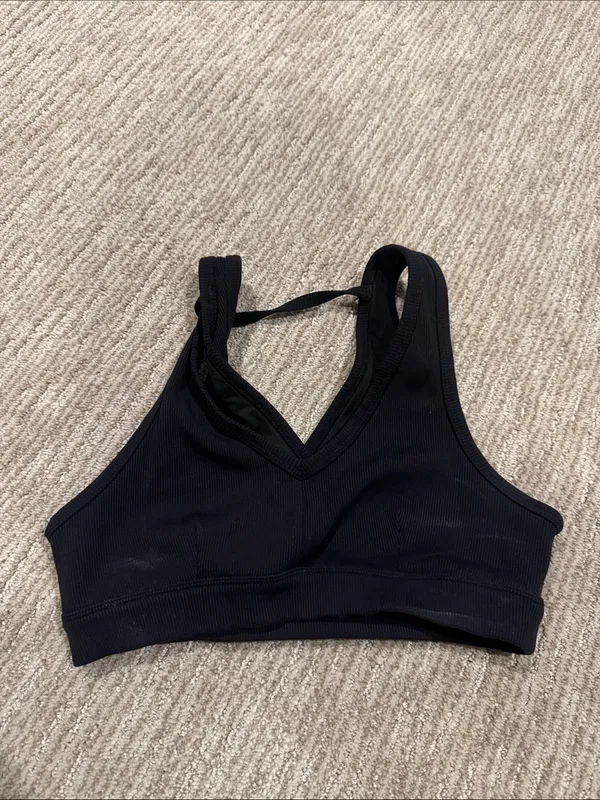ALO Yoga Black Ribbed V-Neck Sports Bralette - Image 2