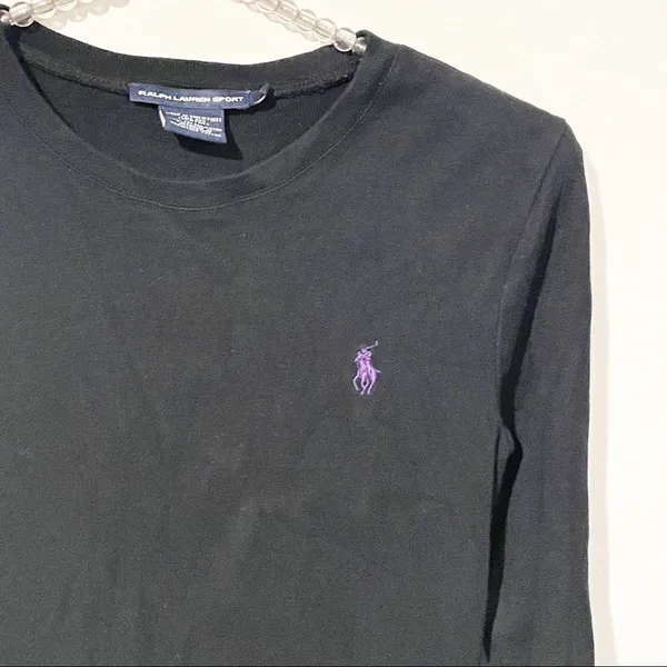Ralph Lauren Sport Size Medium Black Cotton Purple Pony Long Sleeve Fitted‎ Top - Image 2