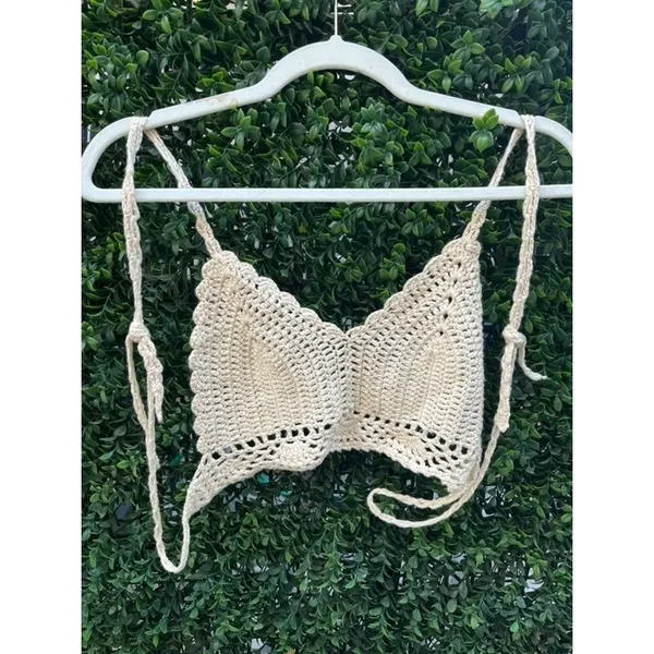 Handmade Crochet Bralette Top Cream Boho Festival One Size XS S Ivory Tie Back‎ - Image 4