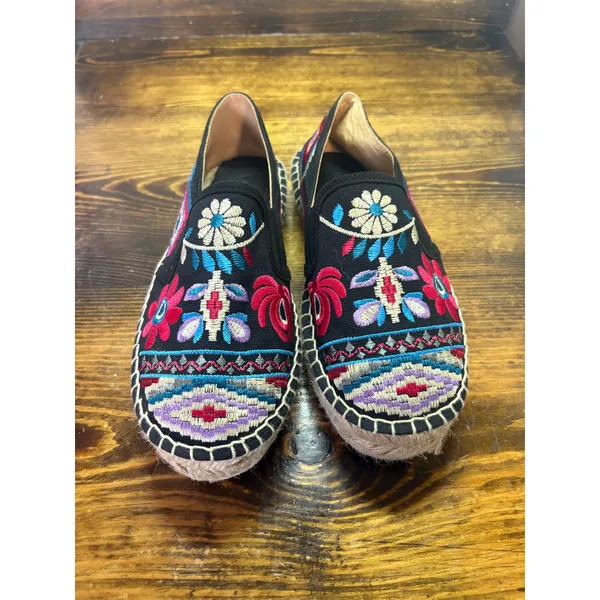 Johnny Was‎ Black Floral Embroidered Espadrilles Size 38 (Size 7.5) - Image 3
