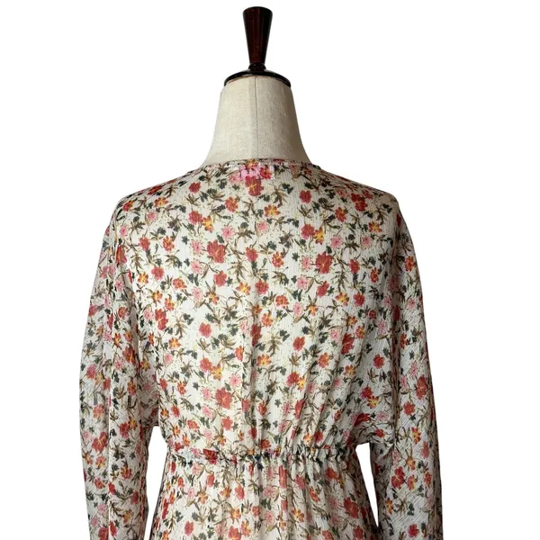 Pink Lily Floral Maxi Duster Women Small Ivory Tassel Boho Resort Cover Up Sheer - Image 6