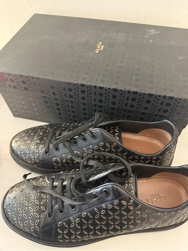 Alaia Black Leather Sneakers with Gold Cutout Pattern Size 11 - Image 3