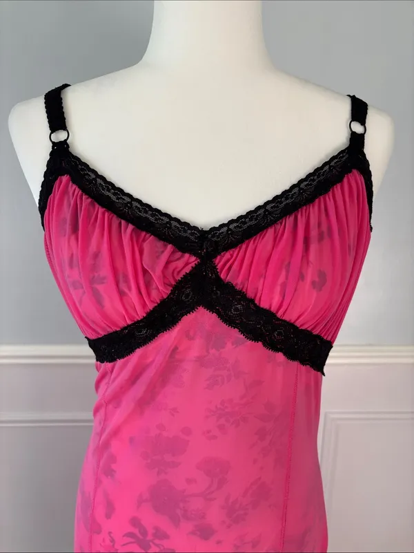 Urban Outfitters Hot Pink Slip Dress with Black Lace Trim Sz Large 90s Y2K Mesh - Image 3