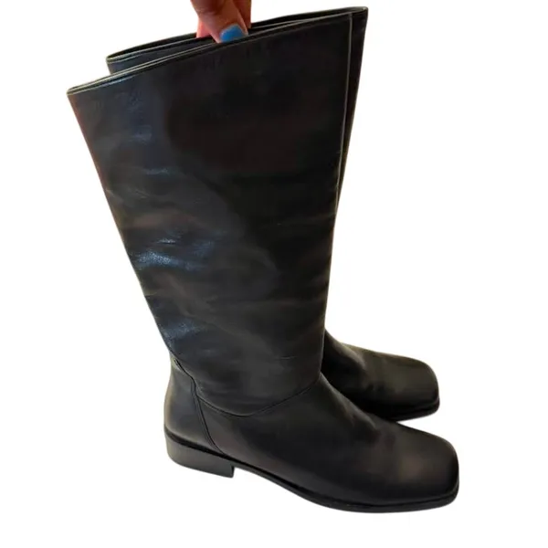 Vintage 1990's Naturalizer Black Leather Pull On Square Toe Boots sz. 8M - Image 2