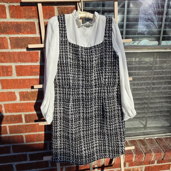 CeCe Mixed Media Blouson Sleeve Academia Style Mini Knit Dress Size Medium - Image 7