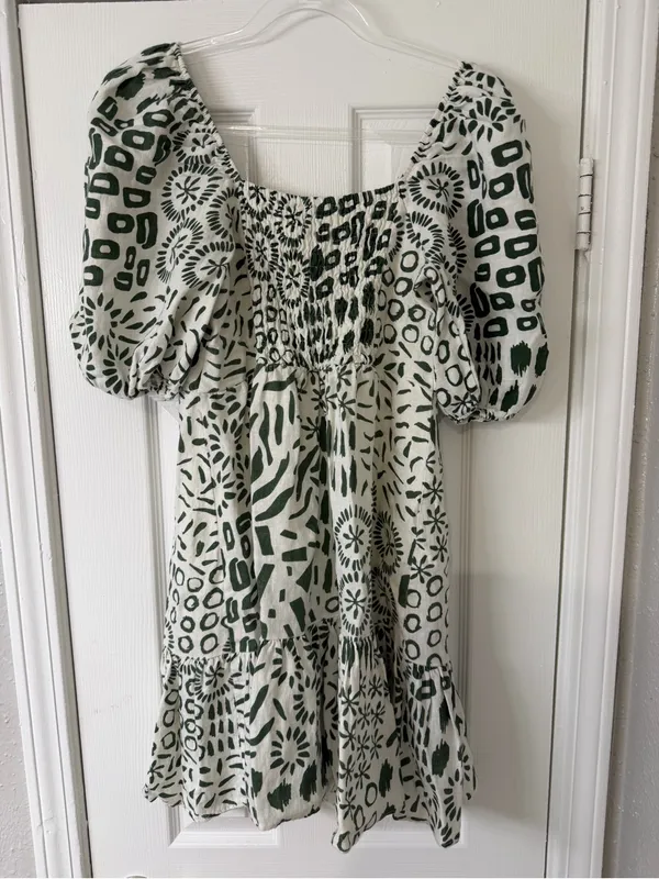 ADL‎ 100% Linen Mini Dress Geometric Pattern Green and Off White Size Medium - Image 6