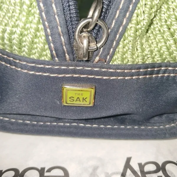 The Sak Green Woven Satchel Purse W/ Navy Blue Trim Vintage Boho Style Handbag - Image 9