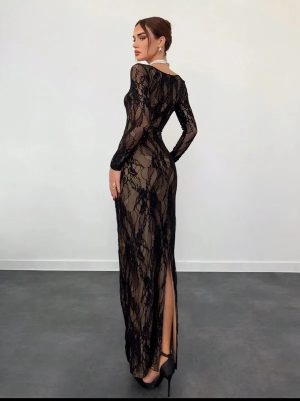 SHEIN Black Lace Maxi Dress with Long Sleeves - Image 2