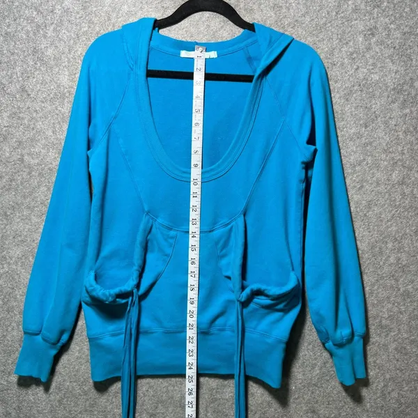 Vintage Y2K Karen Kane Turquoise Blue‎ Scoop Neck Drawstring Hoodie Sweatshirt M - Image 4