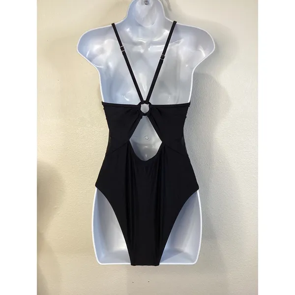 Cupshe Womens Black O-Ring Cutout One‎ Piece Swimsuit Ruched High Leg S NEW - Image 4