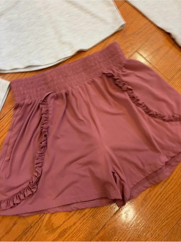 Gray Waffle Knit Henley Top & INDERO Mauve Ruffle Shorts Set L Cozy Loungewear - Image 3