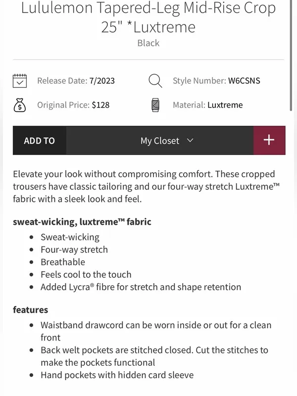 Lululemon Tapered Mid Rise Crop * Luxtreme 25” Sz 8 - Image 6