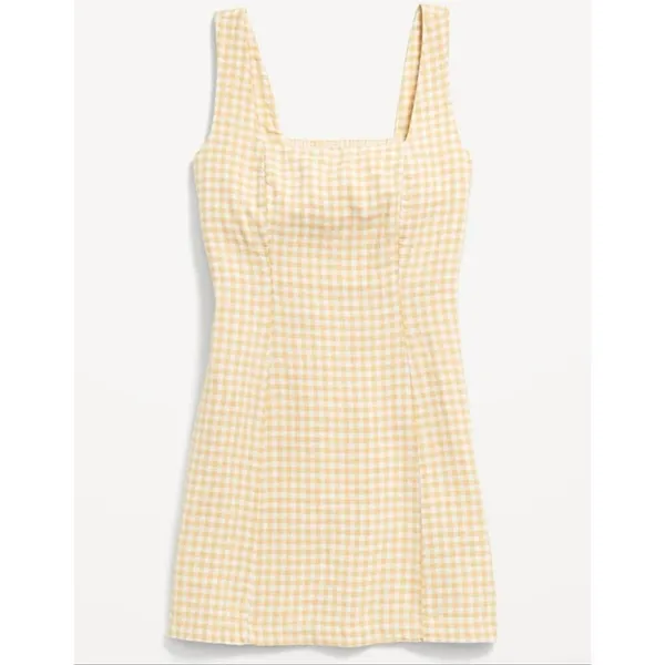 Old Navy yellow gingham plaid linen square neck mini dress large - Image 2