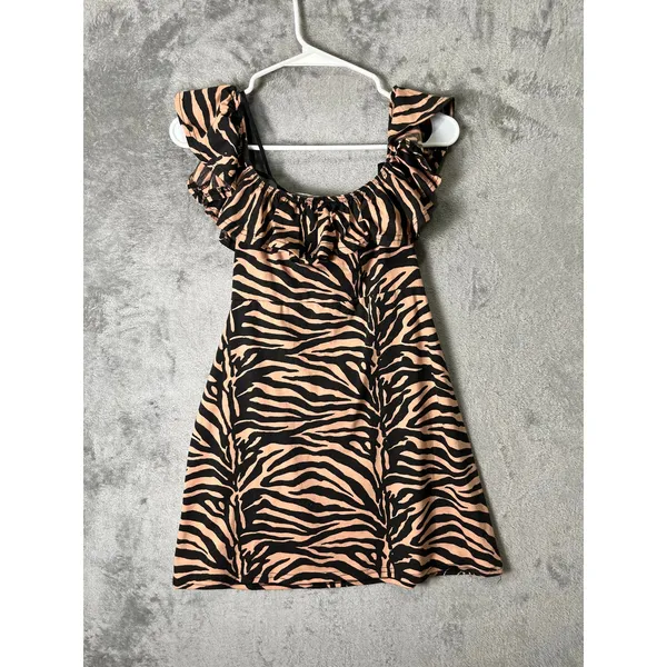 Missguided Frill Skater Dress‎ Off Shoulder Mini Ruffle Zebra Y2K Party 4 NEW - Image 5