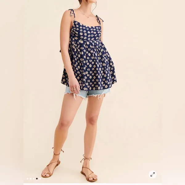 Free People Womens Molly Floral Top XS Navy and Cream - Image 4
