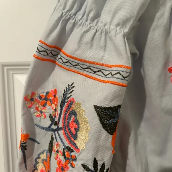 Free People Embroidered Off Shoulder Mini Dress Blue Orange Size S - Image 7