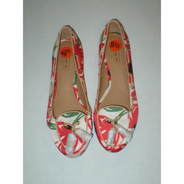 New Womens Authentic Coach Flats Satin Leather 5.5 6 Red Ivory Tassels Shoes Log - Image 3