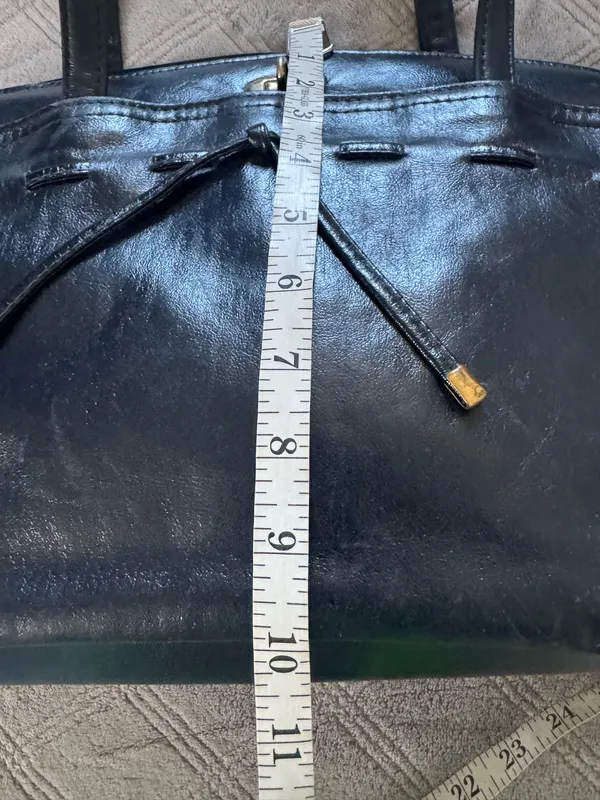 Black vintage Leather Shoulder Bag with Drawstring Detail - Image 6