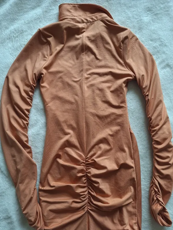 Oh Polly Caramel Ruched Long Sleeve Shirt Mini Dress US 4 - Image 9
