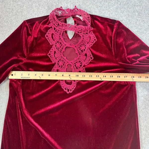 Entro Velvet Mini Dress Women's Small Red Lace Neck Scallop Hem 3/4 Sleeve - Image 5