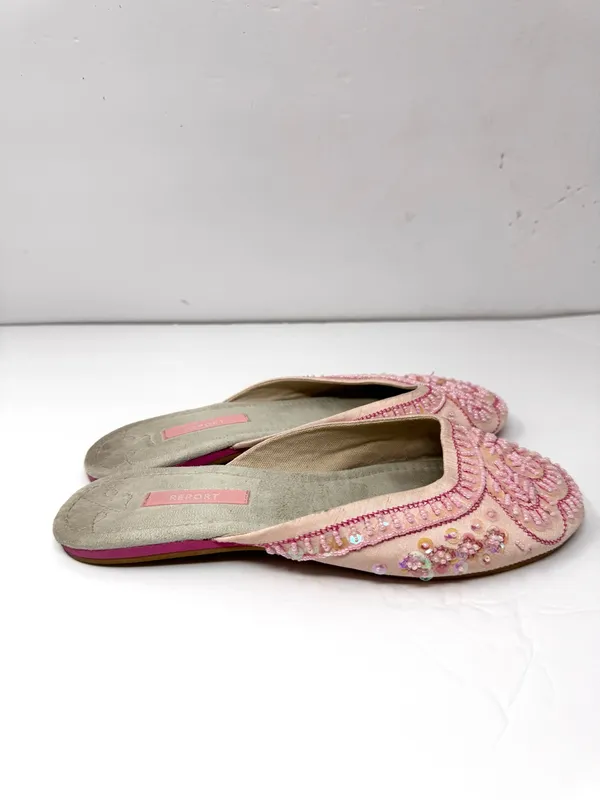 REPORT bubble gum pink fabric/sequins/beading slides, unmarked size 9 - Image 6