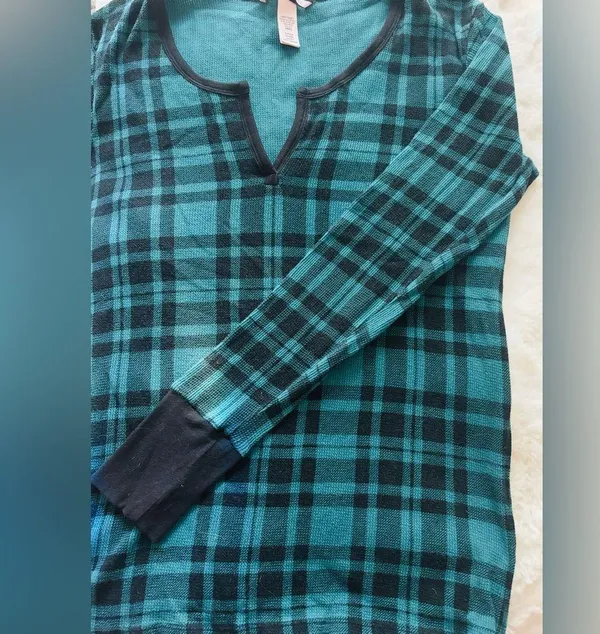 Victorias Secret Green Black Buffalo Plaid Thermal Pajamas Pjs Set ~ Small - Image 2
